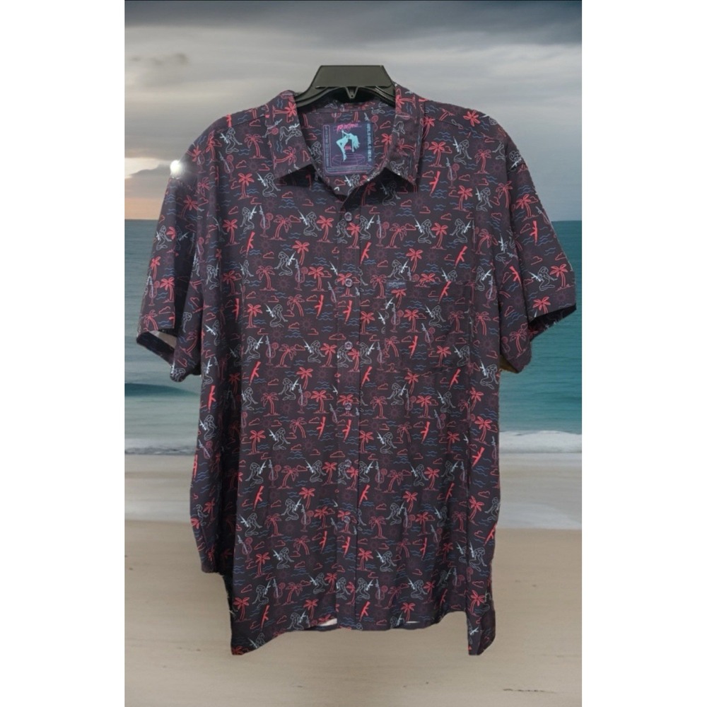 Retro Rifle "Live Nudes" Neon Palm Tree & Gun Button Down Shirt, Size 2XL